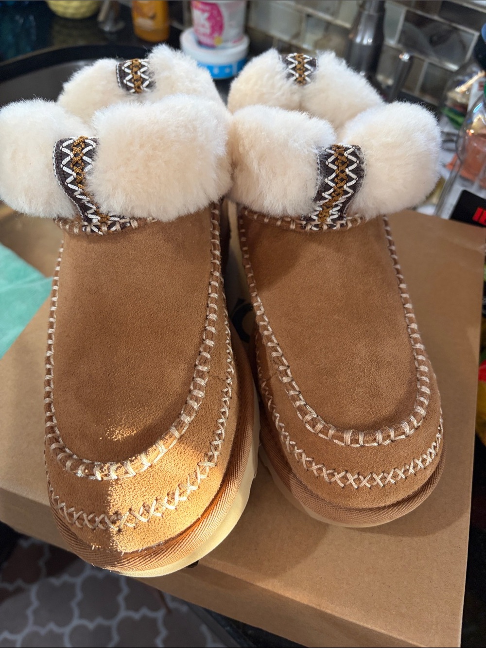 UGG women Chestnut Suede Shearling Moccasin Boots - Picture 4 of 7